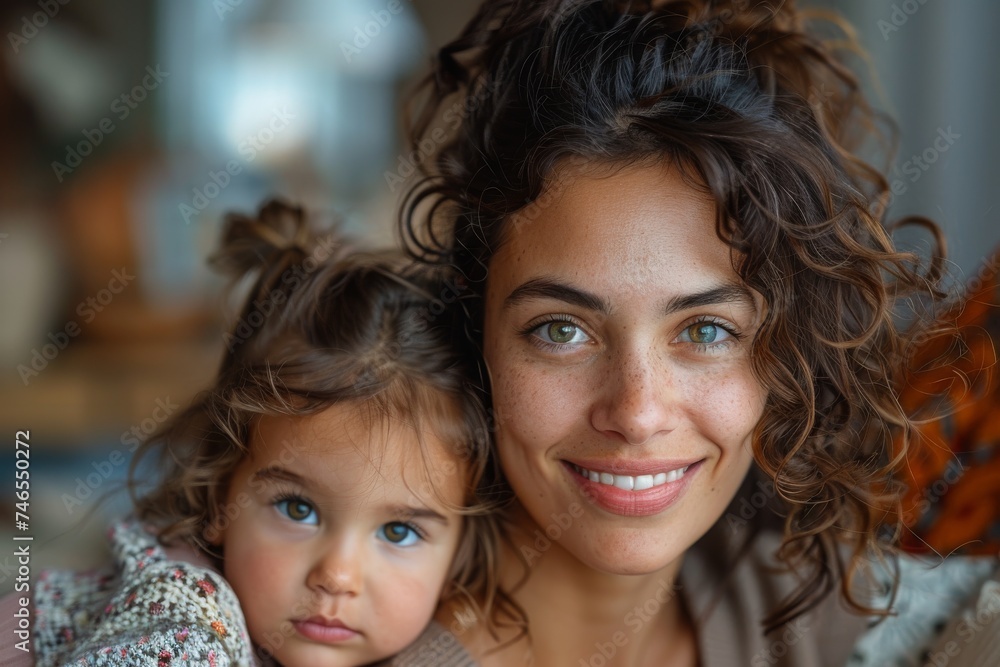 Radiant mother smiles softly as she holds her child close Radiant mother smiles softly as she holds her child close