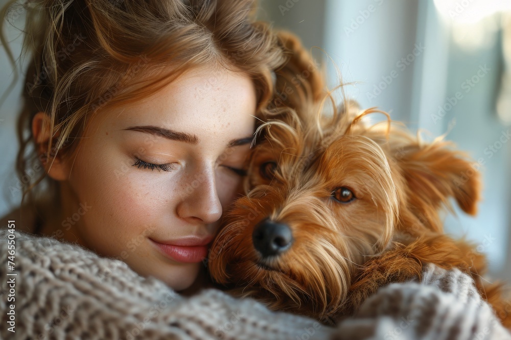 Serene young woman sleeping peacefully with small dog on her face Serene young woman sleeping peacefully with small dog on her face