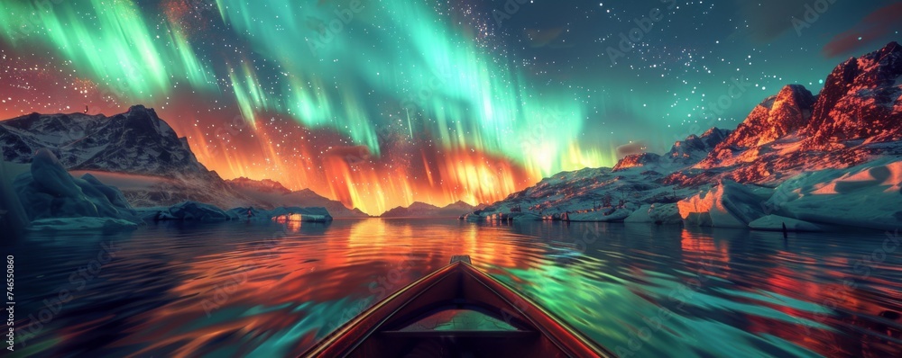 Galaxy racers illuminate paths unknown, alien landscapes unfolding from the cockpit, auroras casting light on waters unknown