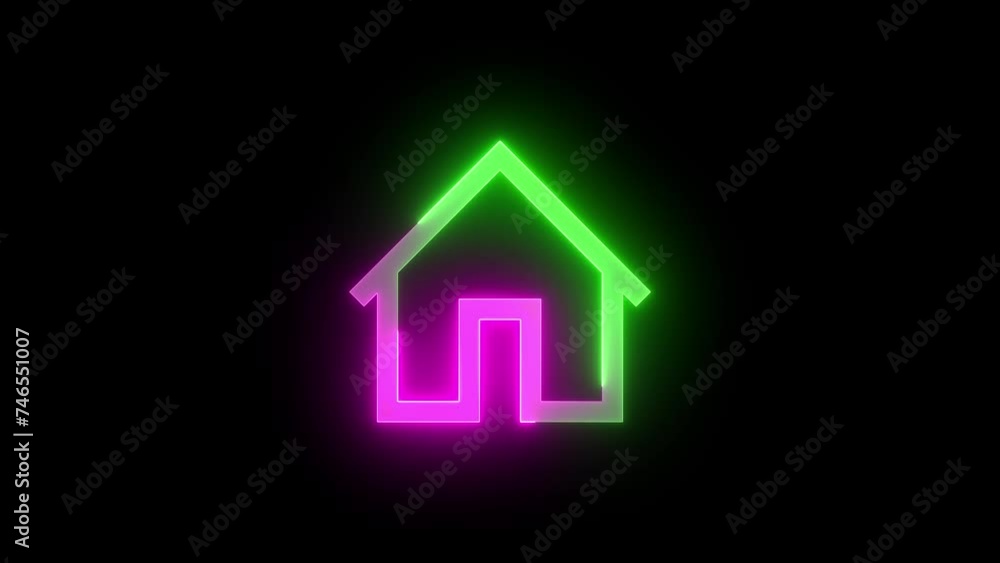 Neon home icon green pink color glowing animation black background Neon home icon green pink color glowing animation black background