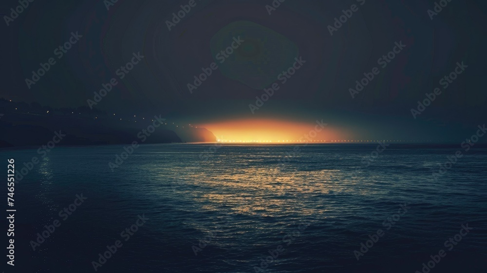The dark ocean is lit up by a bright light in the distance. The light is reflecting off the water, creating a beautiful and peaceful scene.