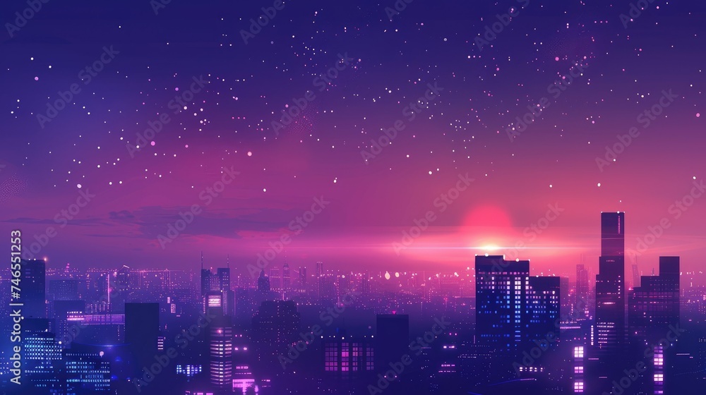 A beautiful cityscape at night. The sky is a deep purple and the stars are twinkling brightly. The city is full of tall buildings and lights.