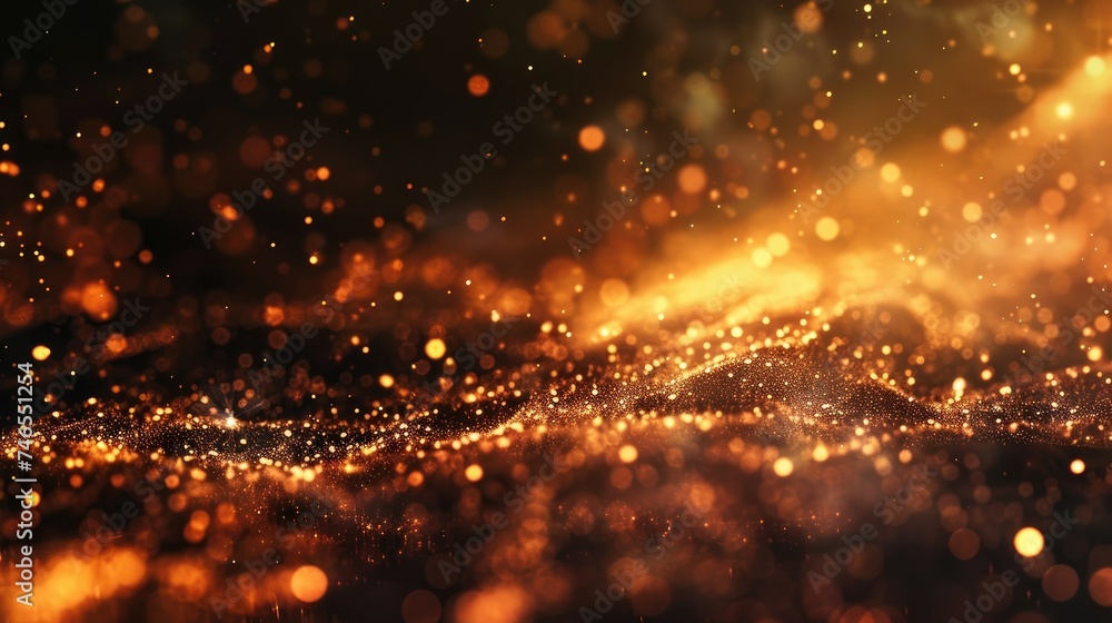 Glowing orange particles wave, abstract futuristic background.