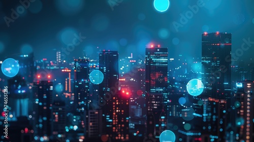 City lights at night with a blue tint and glowing blue and red orbs floating in the foreground.