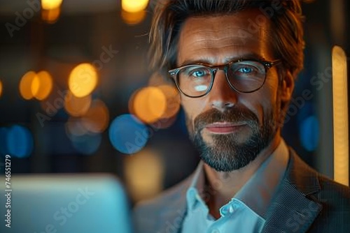 Man With Glasses Looking at Laptop