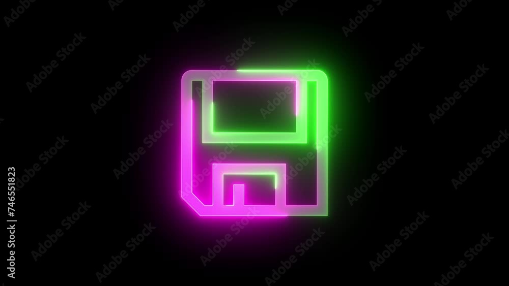 Neon save icon green pink color glowing animation black background Neon save icon green pink color glowing animation black background
