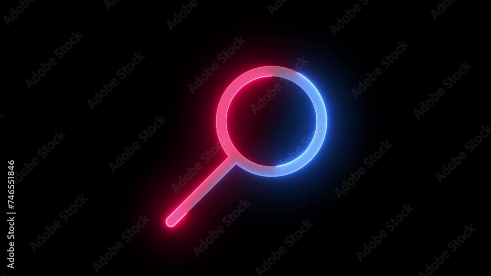 Neon search medium icon blue red color glowing animation black background Neon search medium icon blue red color glowing animation black background