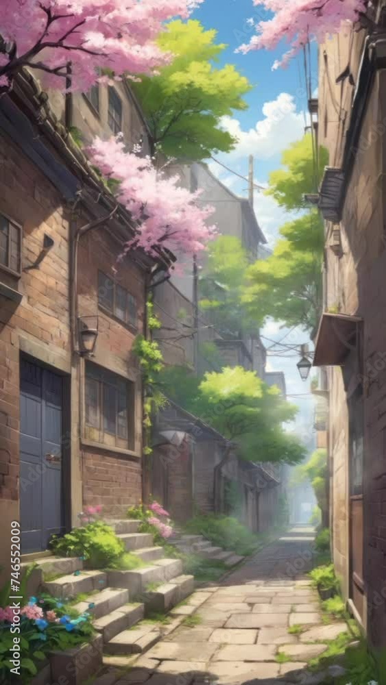 A beautiful narrow Japanese urban alley with cherry trees. Cartoon or anime watercolor digital painting illustration style. seamless looping vertical video animation background. A beautiful narrow Japanese urban alley with cherry trees. Cartoon or anime watercolor digital painting illustration style. seamless looping vertical video animation background.