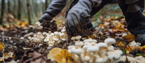 A person is diligently picking white mushrooms from the forest floor. The mushrooms are small and round, growing amongst green foliage and fallen leaves.