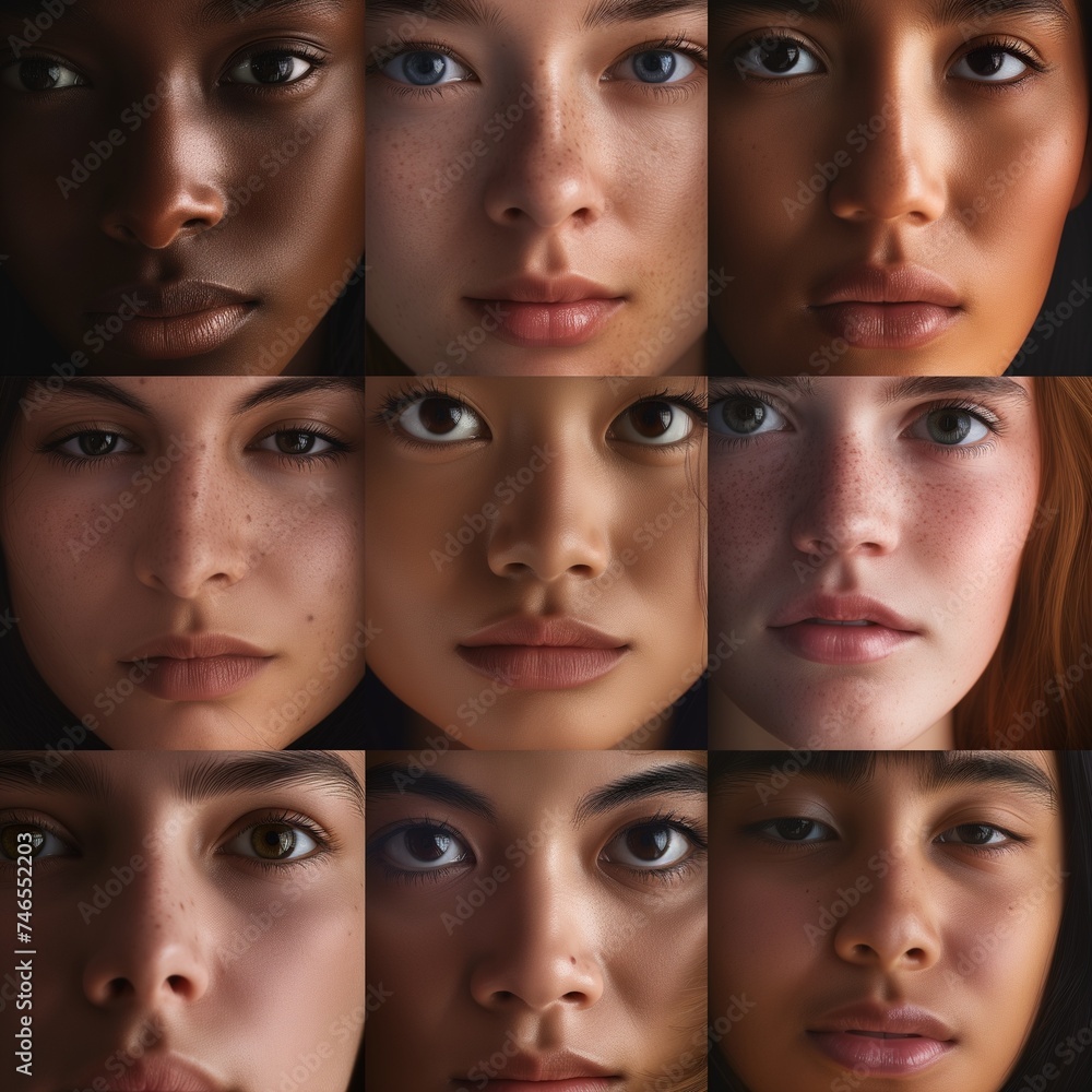 Collage of girls' faces around the world celebrating international women's day, beautiful, outstanding illustration of skin color, social, ethnical diversity and inclusion, sisterhood and solidarity Collage of girls' faces around the world celebrating international women's day, beautiful, outstanding illustration of skin color, social, ethnical diversity and inclusion, sisterhood and solidarity
