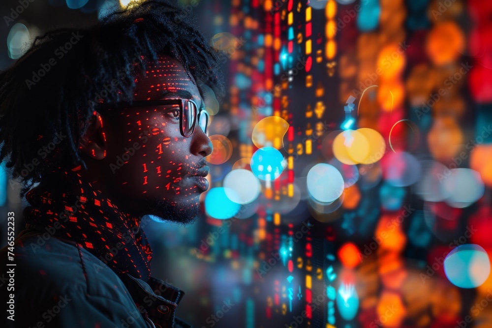 Man With Dreadlocks Standing in Front of Colorful Lights