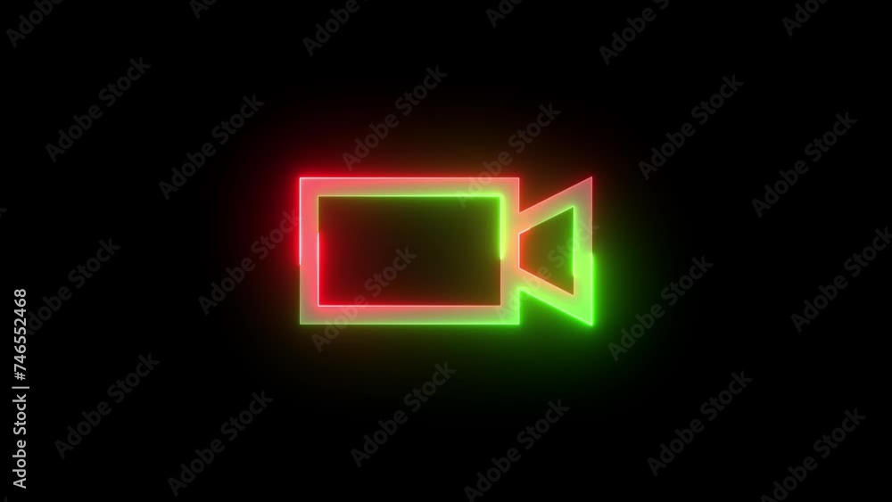 Neon video icon green red color glowing animation black background Neon video icon green red color glowing animation black background