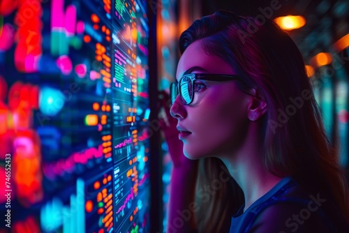 Woman in Glasses Observing Display of Numbers