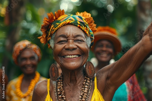 Group of Women Wearing Headdresses and Smiling