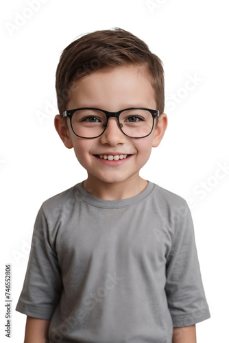 Little boy wearing glasses smiling and looking at the camera, isolated, transparent background, no background. PNG.
