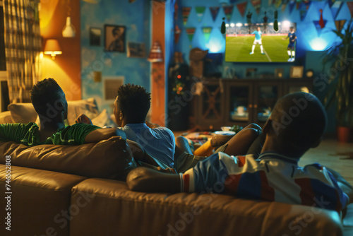 Guys of different nationalities watch soccer on the couch at home and cheer for their team photo