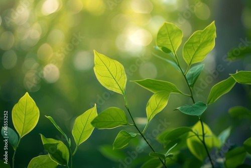 Isolated cluster of green leaves swaying in a blur bokeh background. Nature's tranquil dance. photo