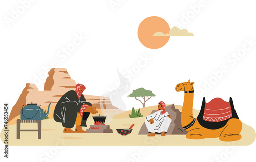 Bedouins resting with camel on a hot summer sunset in the desert, vector cartoon Arab nomad cooks in caldron on campfire
