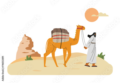 Bedouin walking with camel and cargo on a hot sunset trough desert, vector cartoon nomad in traditional Arab clothing