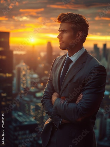 Man in Suit Standing in Front of Cityscape