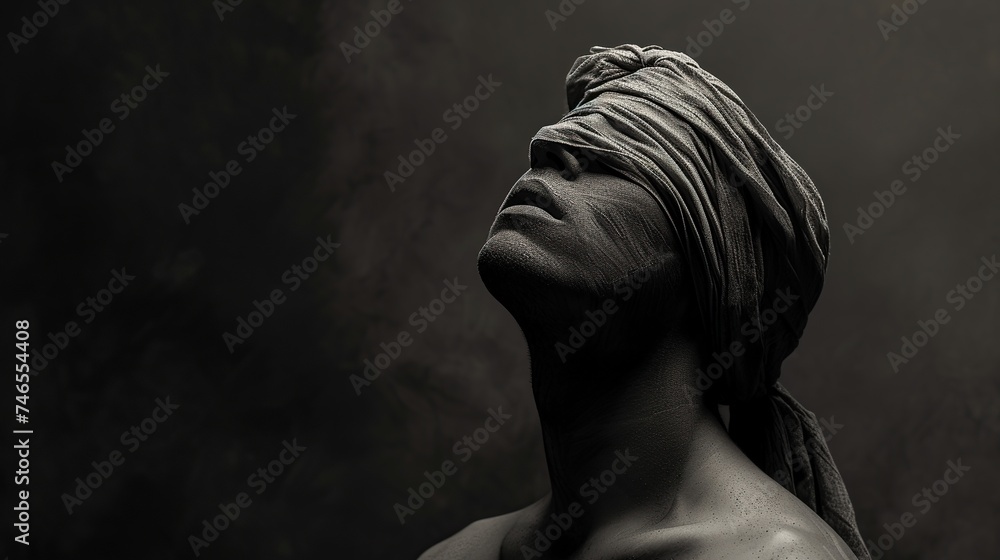 A monochromatic portrayal of a pensive, blindfolded figure, expressing themes of introspection and the unknown. It's an artistic and evocative image suitable for thought-provoking articles