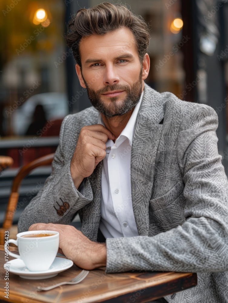 Man Sitting at Table With Cup of Coffee Man Sitting at Table With Cup of Coffee
