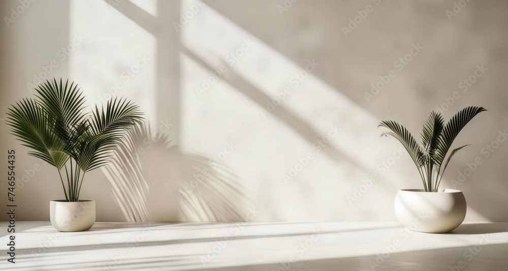 Bright and airy indoor setting with two potted plants Bright and airy indoor setting with two potted plants