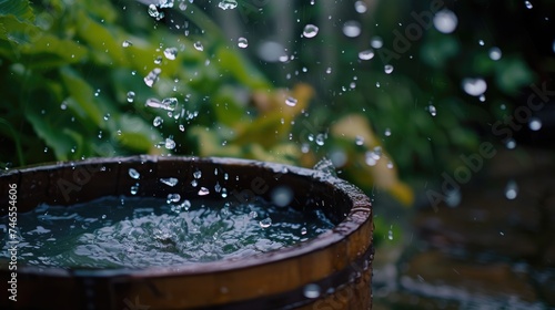 Generative AI, rainwater harvesting system in the garden with barrel, ecological reusing water concept © DELstudio