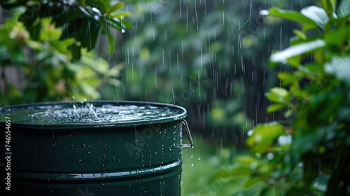 Generative AI, rainwater harvesting system in the garden with barrel, ecological reusing water concept  photo
