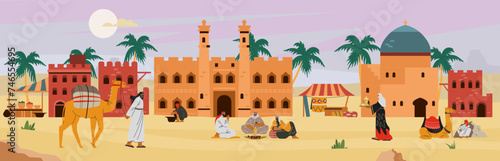 Desert city with Bedouins citizens and buildings, flat vector illustration.