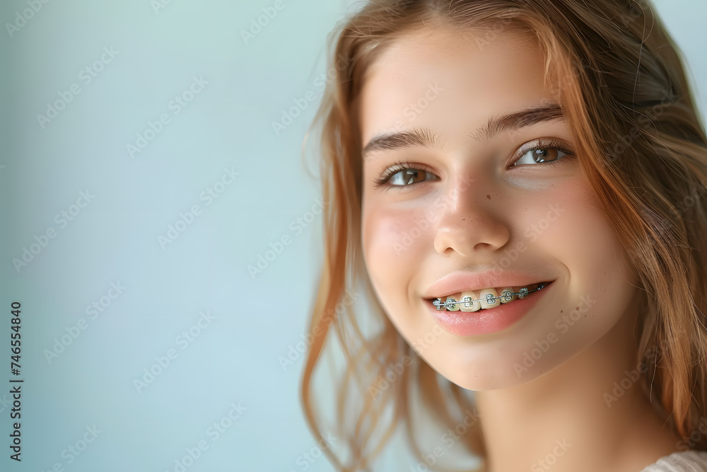Closeup portrait of beautiful woman with dental braces Closeup portrait of beautiful woman with dental braces