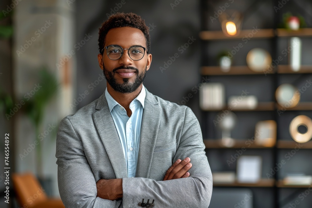 Fototapeta premium Businessman in Suit and Glasses Standing With Arms Crossed