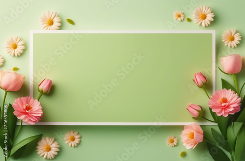Banner for greeting card surrounded by flowers on green background