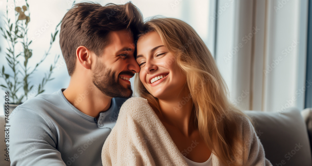 Young happy couple sitting in the living room, closeup Young happy couple sitting in the living room, closeup