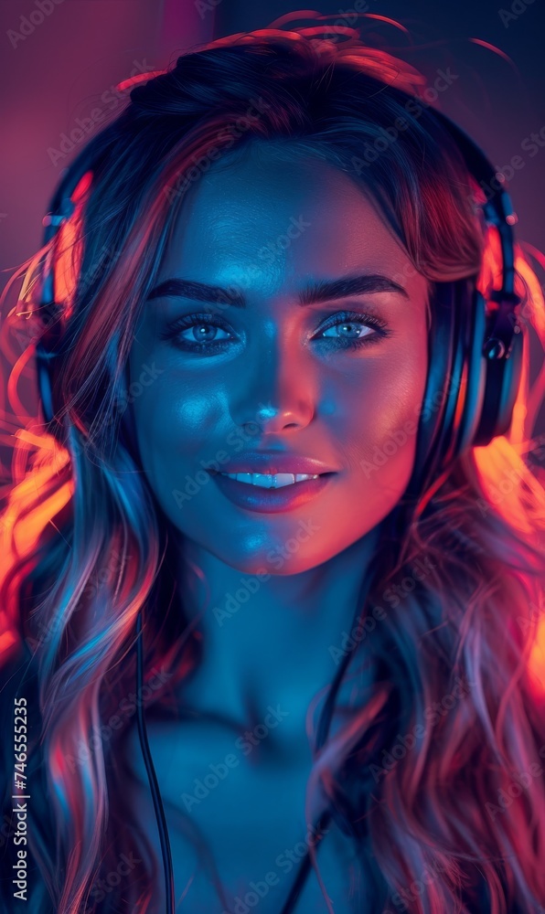 Woman Wearing Headphones Glowing in Dark