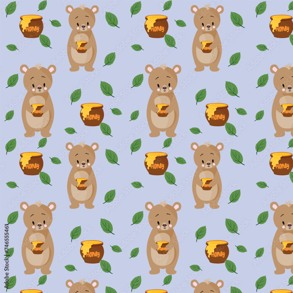 The pattern for printing. Vector children's illustration, forest animals. Bears and honey. The pattern for printing. Vector children's illustration, forest animals. Bears and honey.