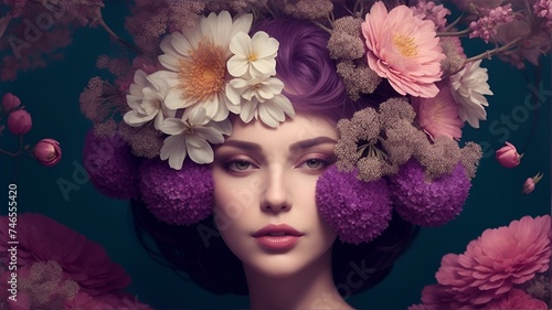 Surreal portrait of a woman with a flowery hairstyle photo