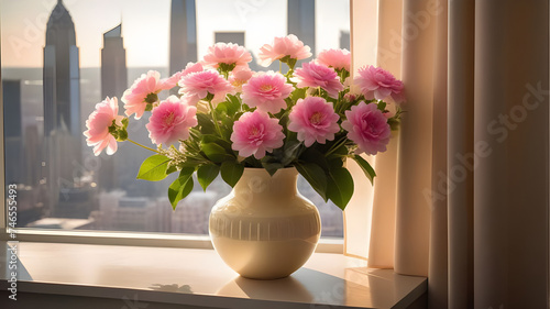 Vase flowers, looking outside view window.