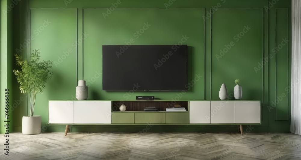 Modern elegance - A stylish living room setup with a sleek TV and contemporary decor Modern elegance - A stylish living room setup with a sleek TV and contemporary decor