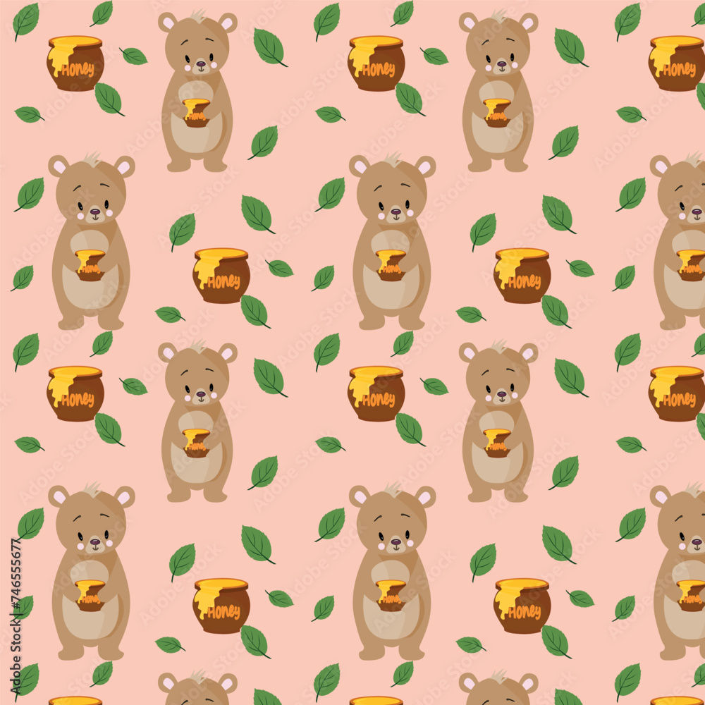 The pattern for printing. Vector children's illustration, forest animals. Bears and honey.