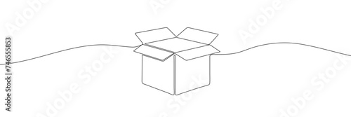 A cardboard box is drawn by one black line on a white background. Continuous line drawing. Vector illustration