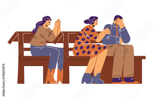 People pray sitting on benches of the church, flat vector illustration isolated.