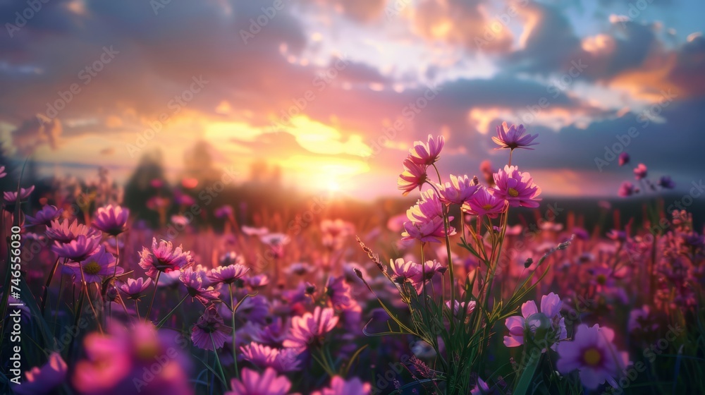 Fototapeta premium pink flower at field and sunseet