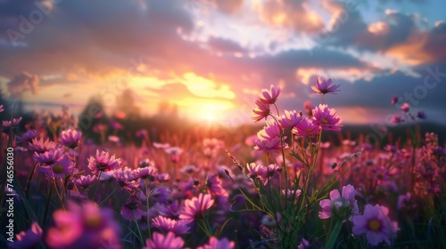 pink flower at field and sunseet © Chitchanok