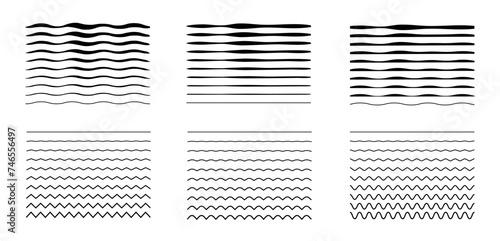 Set of wavy curves and zigzag intersecting horizontal strokes. Transition from a straight line to a wavy one. Black wiggle lines. Geometric design elements for your projects. Vector illustration.