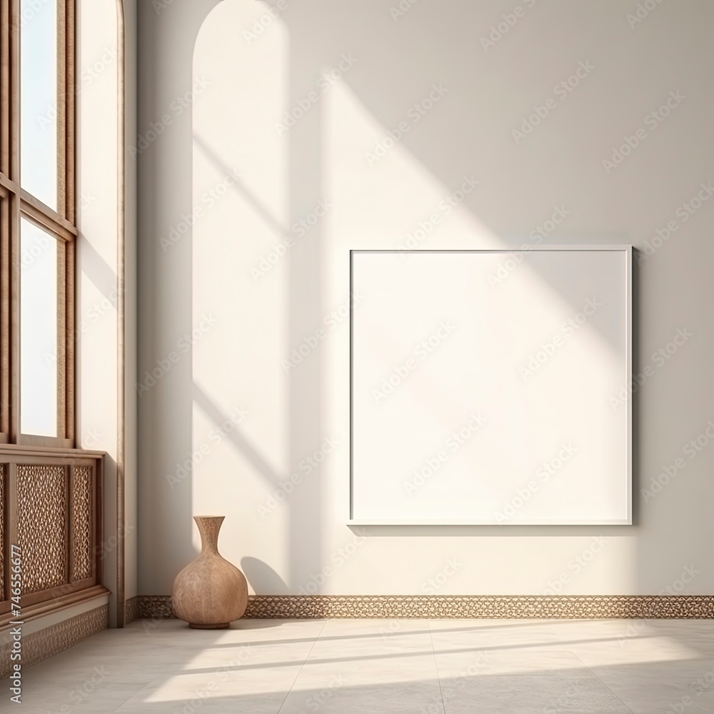 a large empty white frame mockup in a room,regal distinct Indo-Islamic architecture style, sunlight warm with generative ai a large empty white frame mockup in a room,regal distinct Indo-Islamic architecture style, sunlight warm with generative ai