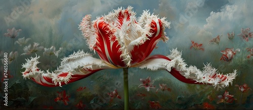 A painting showcasing a red and white fringed tulip, also known as Rembrandt tulip, with white fringed petals blooming in a garden setting. photo