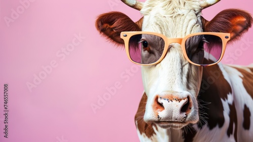 A whimsical cow sporting sunglasses poses against a vibrant pink studio backdrop.
