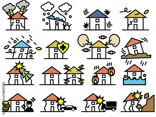 Icon vector illustration collection of houses affected by earthquakes, fires, typhoons, noise and pollution