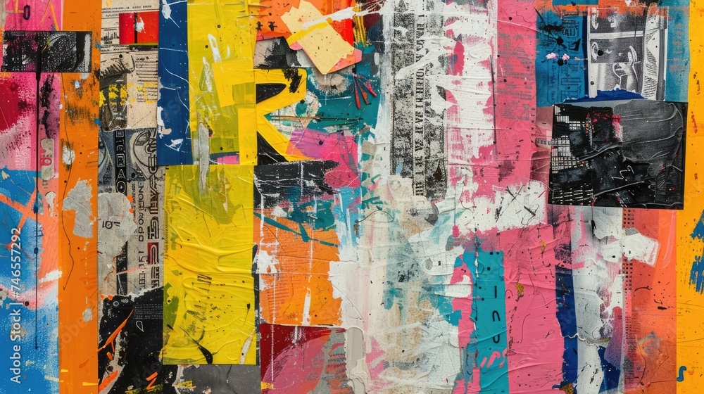 Fototapeta premium Generative AI, colorful grunge cut out magazine collage background. Different textures and shapes
